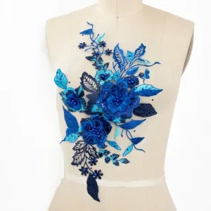 piece of royal blue beaded 3d flower lace applique