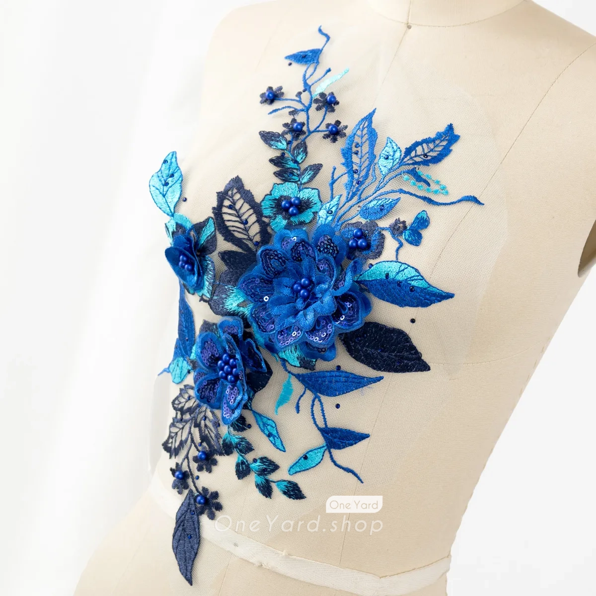royal blue beaded 3d flower lace applique