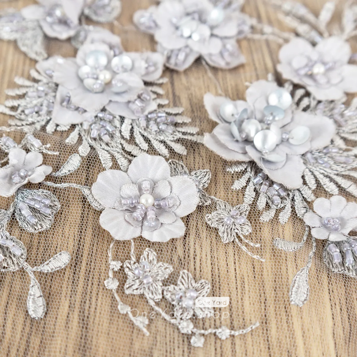 beaded 3D floral lace gray applique