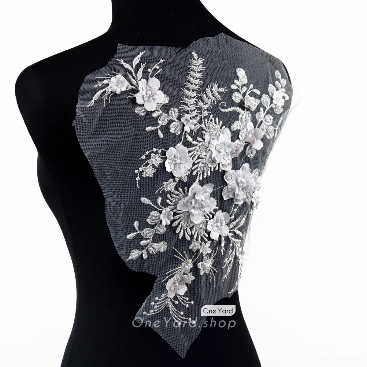 beaded gray 3d floral lace applique