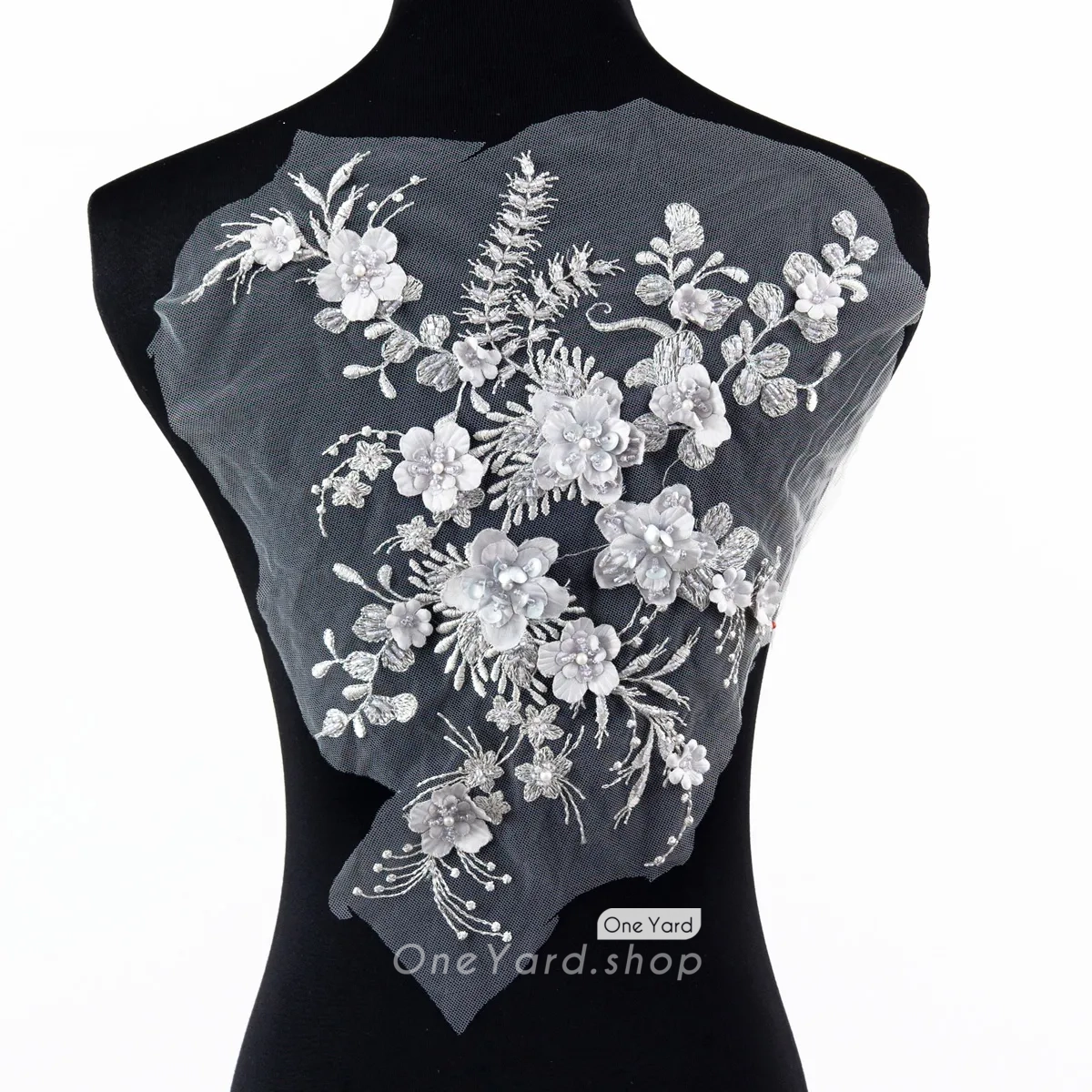 beaded gray 3d floral lace decorative applique