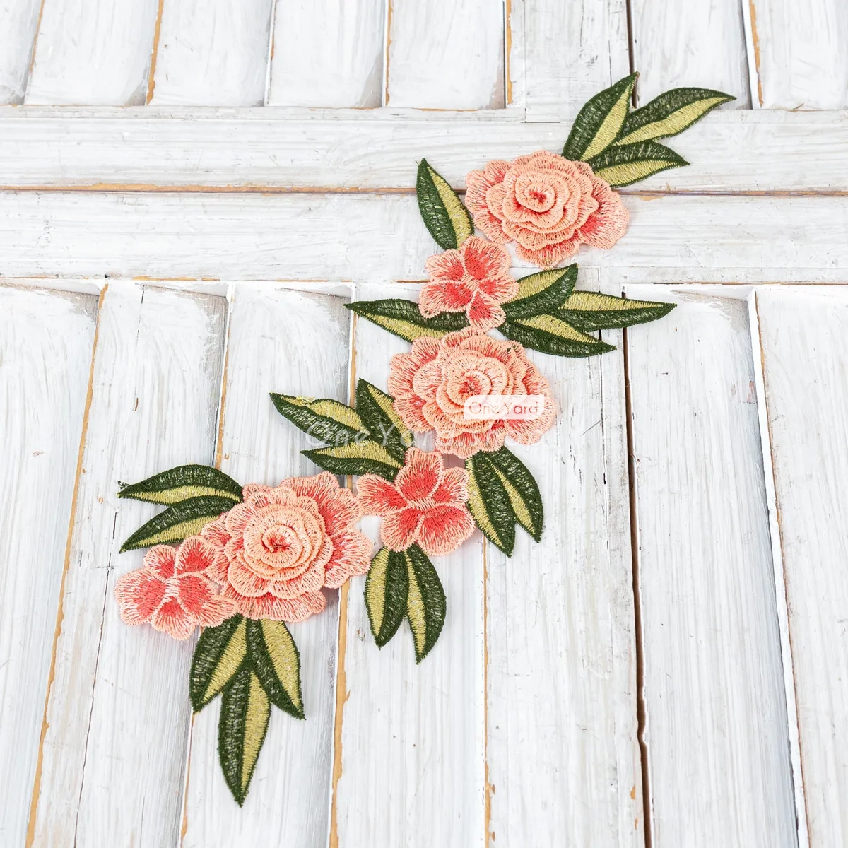 peach roses green leaves floral applique