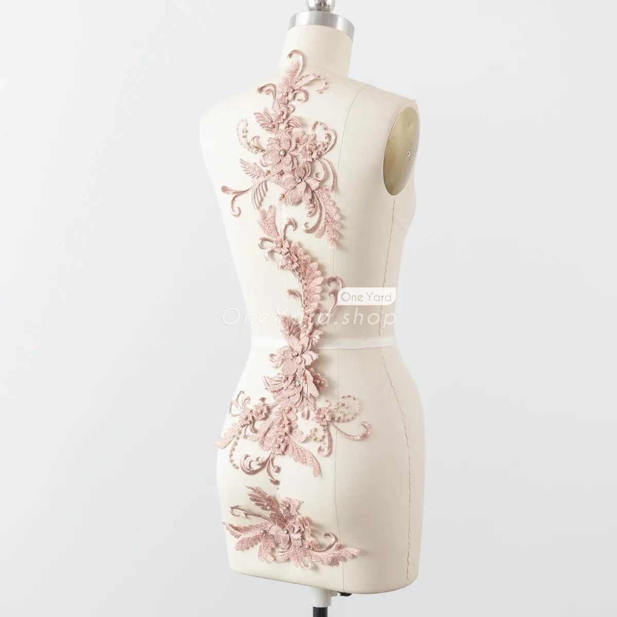 pearled pink nude floral lace motifs