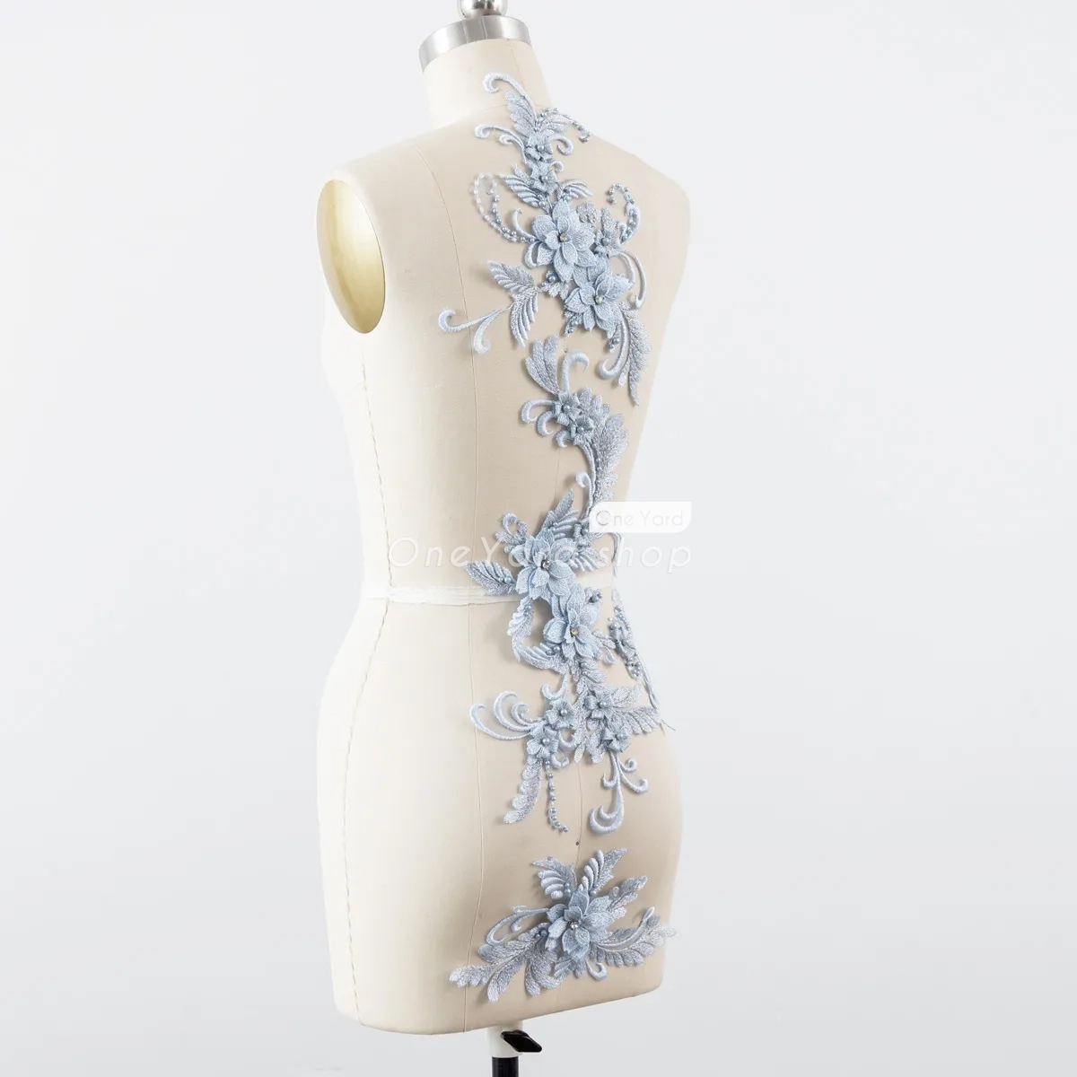 beaded ice blue floral lace motifs