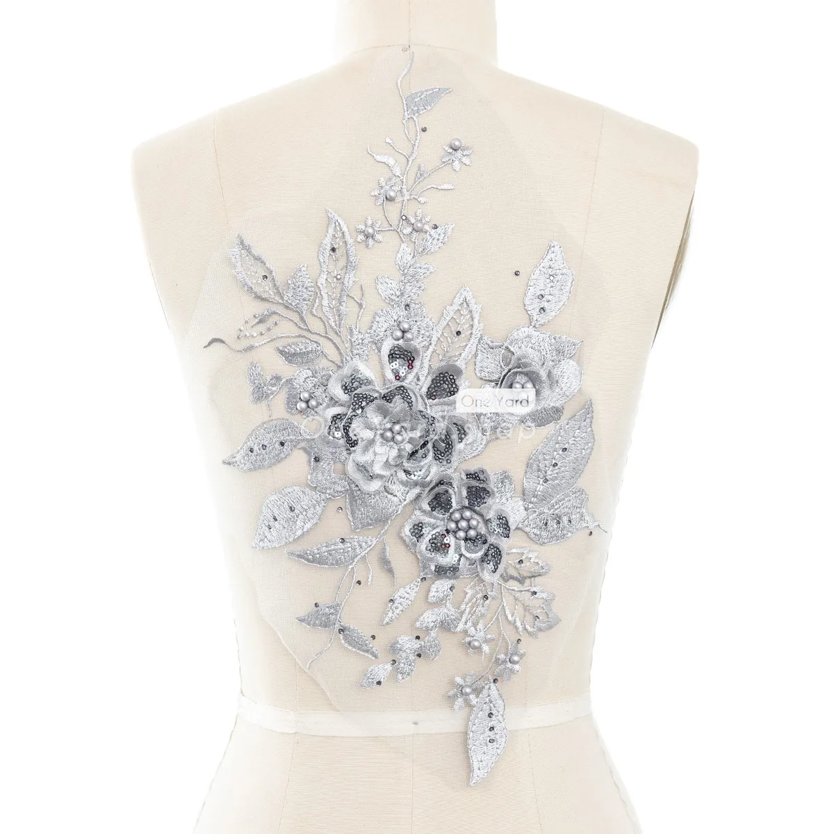 beaded sequinned elegant gray 3d floral lace applique