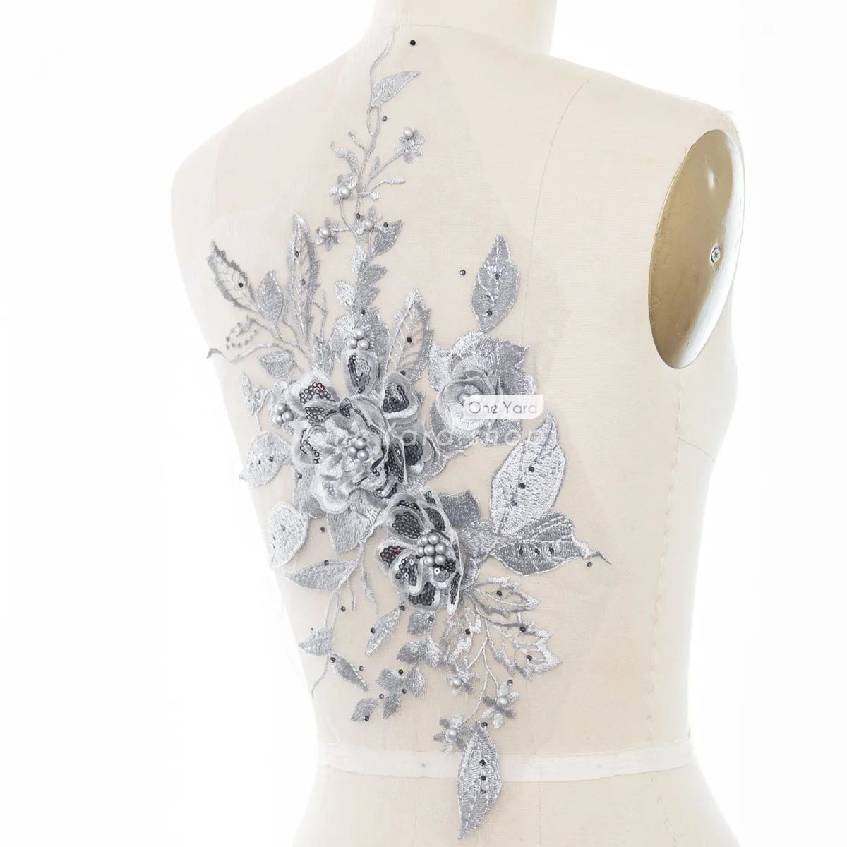 beaded sequinned gray 3d floral applique