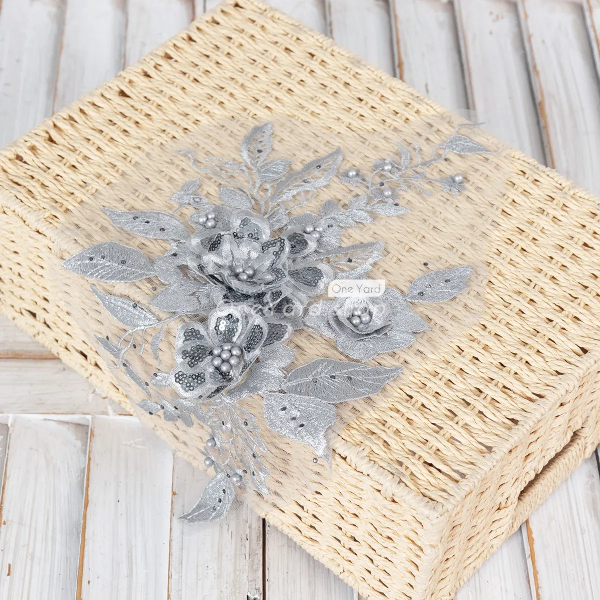 beaded sequinned pearled gray 3d floral applique