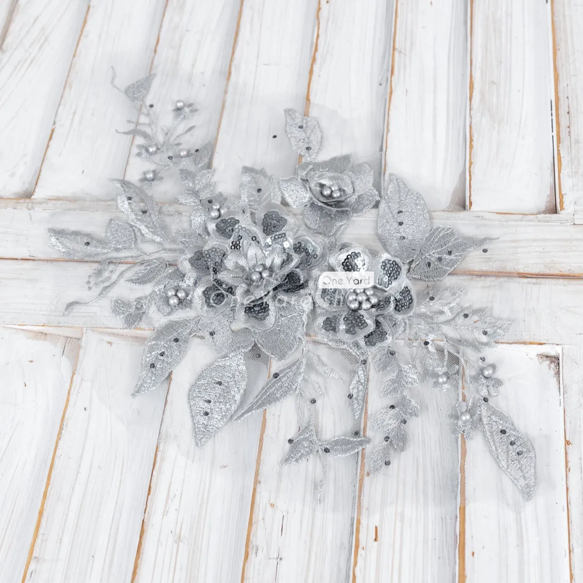 beaded sequinned pearled gray 3d flower applique