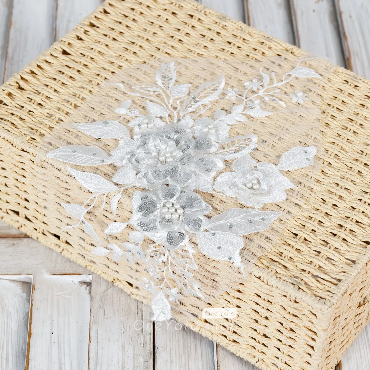 pearl sequin beaded white 3d flower lace applique