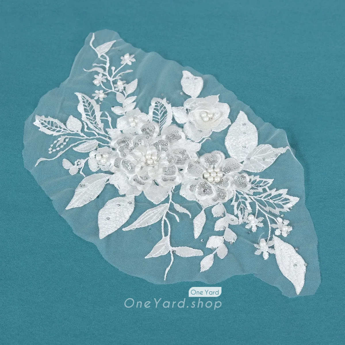 pearled white 3D floral lace applique