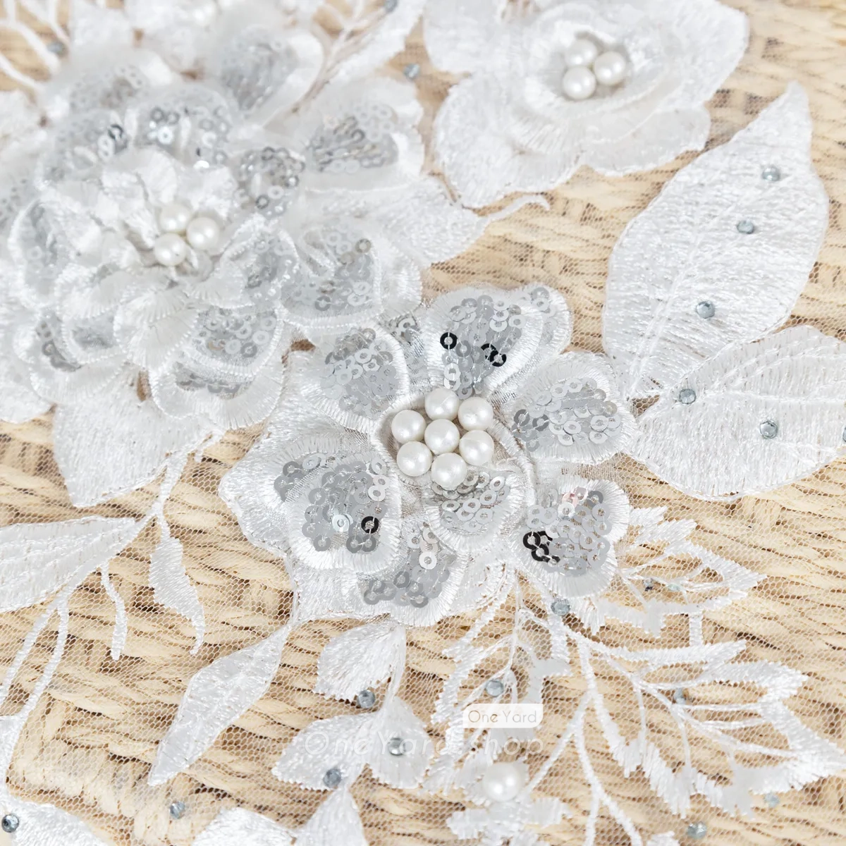 sequin beaded white 3d flower applique