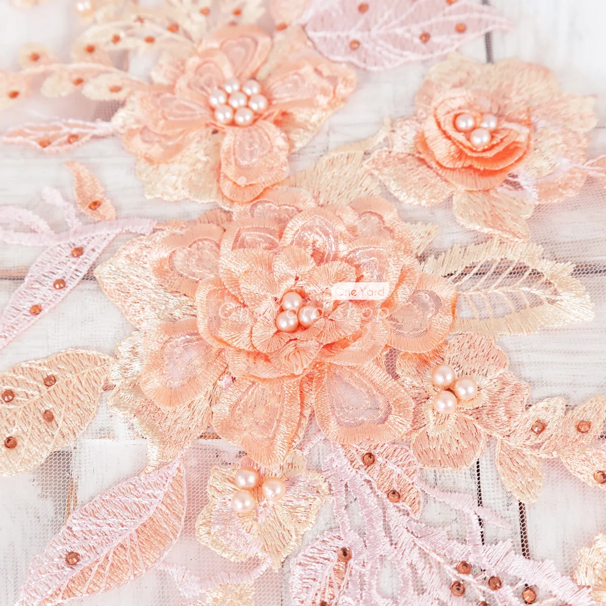 pearled peach 3d floral applique