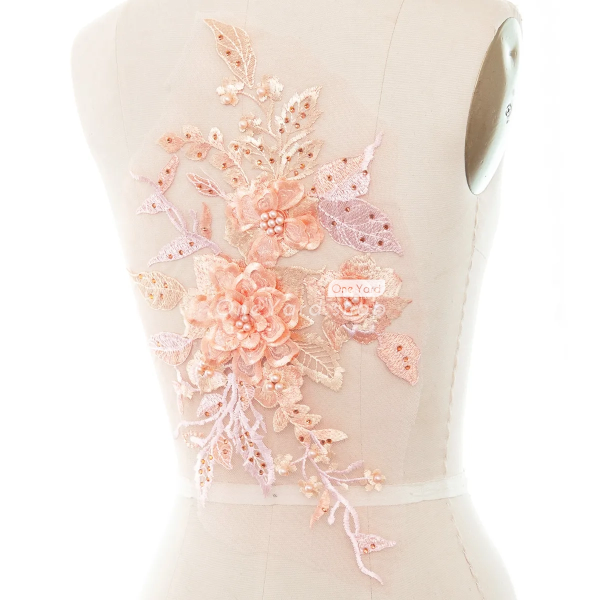 pearled peach 3d floral lace applique