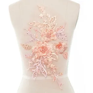 vibrant pearled peach 3d floral lace applique for proms