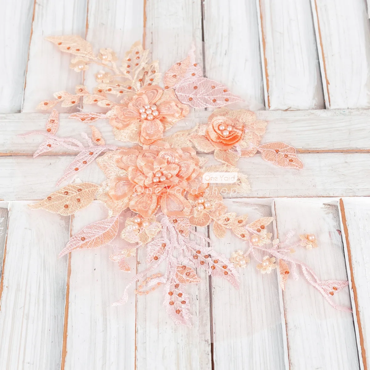 vibrant pearled peach 3d floral lace applique