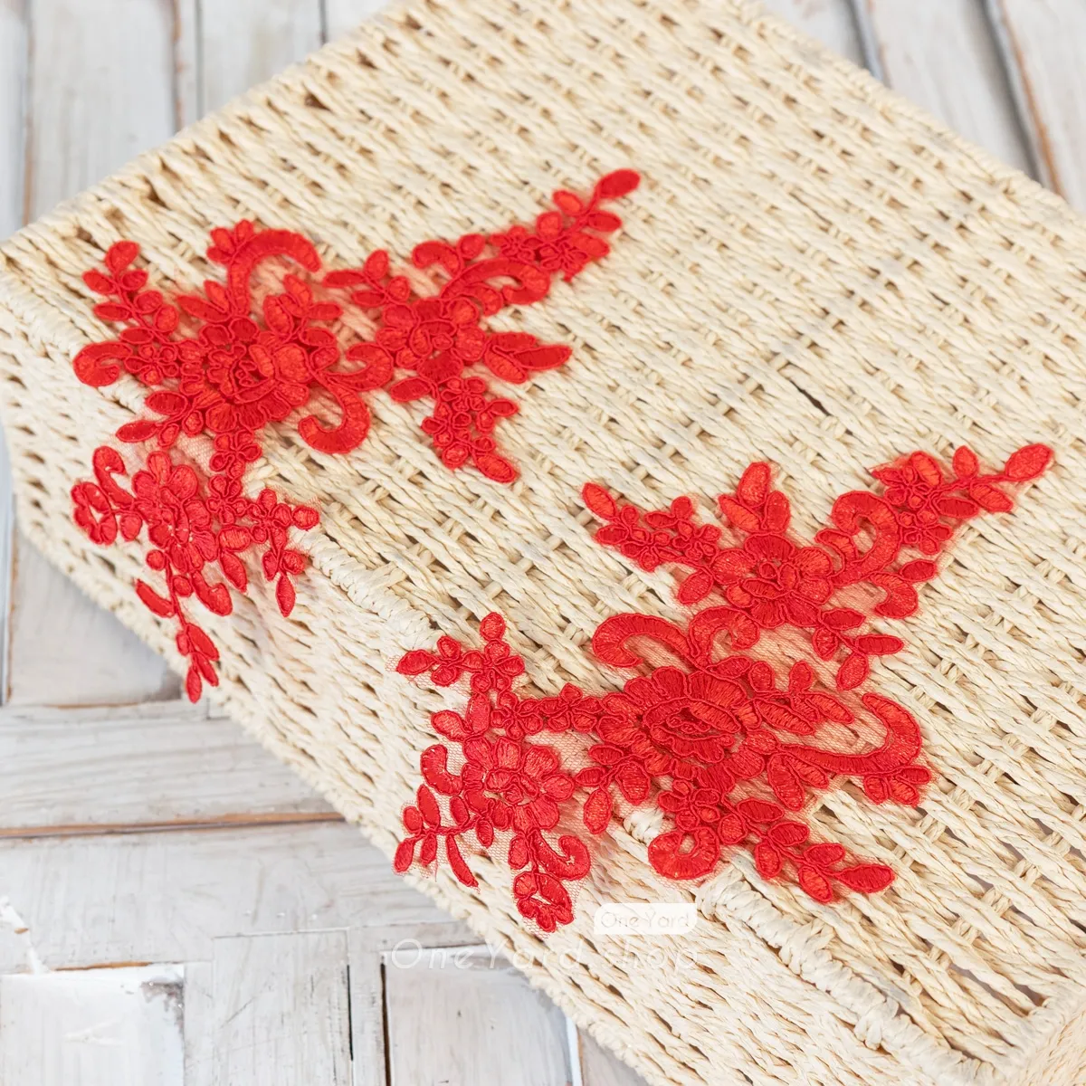 exquisite red floral motif corded lace appliques
