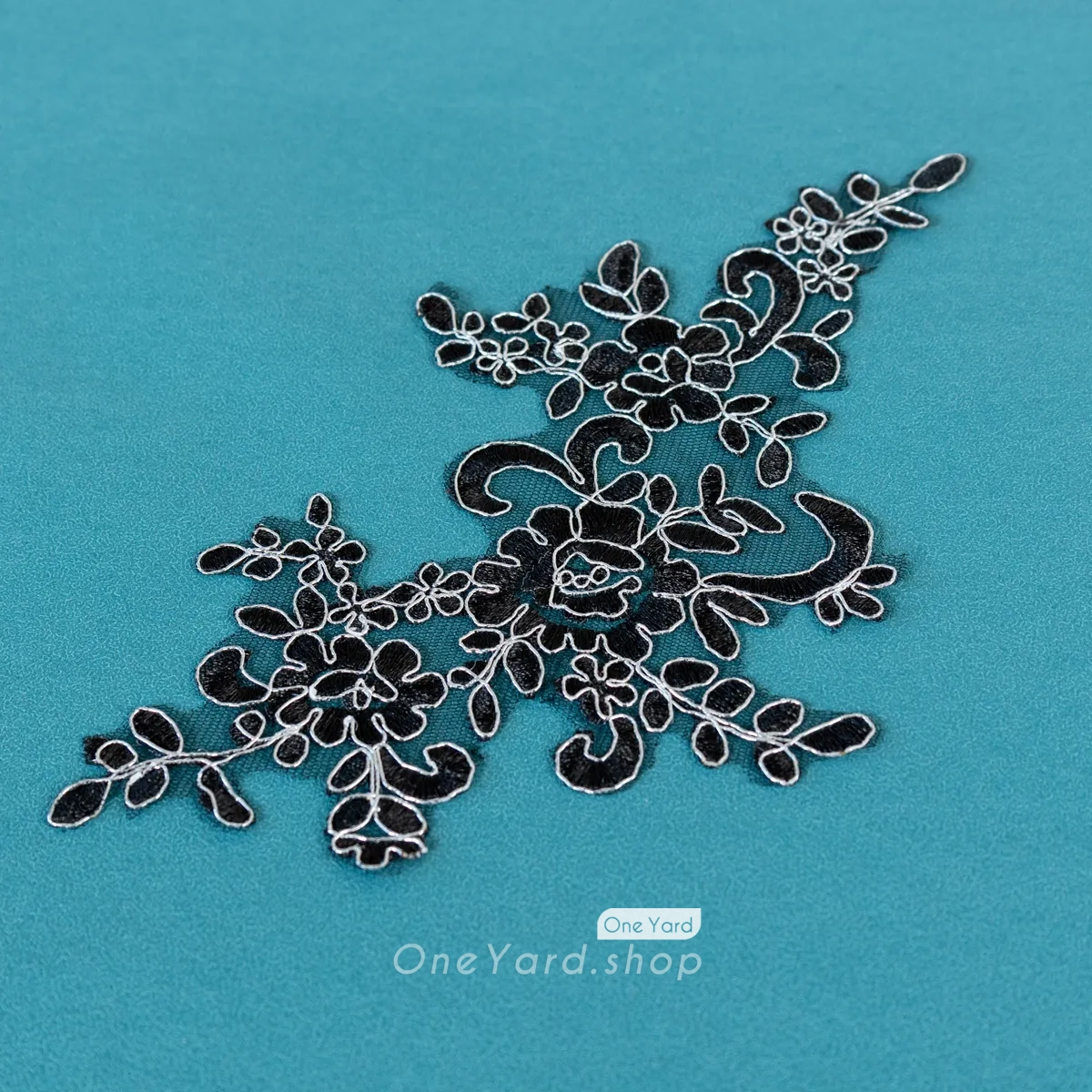 black floral silver edge corded lace appliques