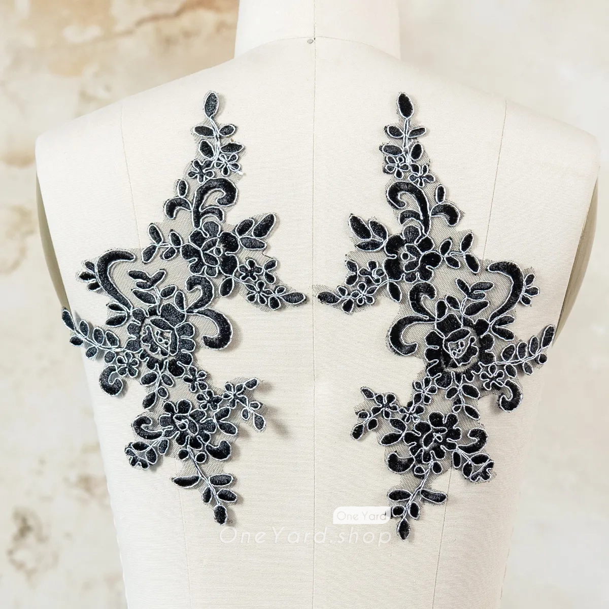 black floral silver thread edge corded lace appliques