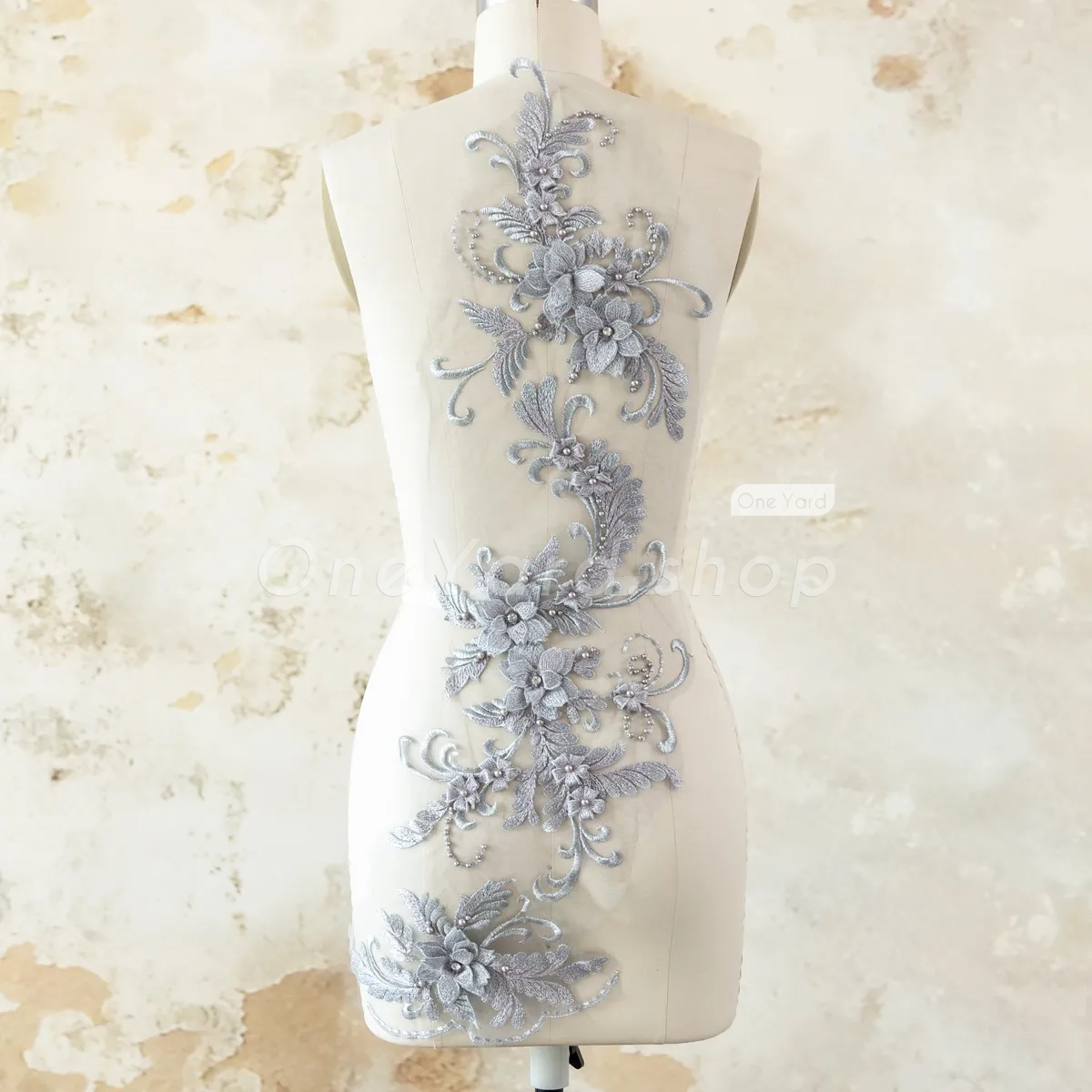 pearled abstractly floral gray lace applique set