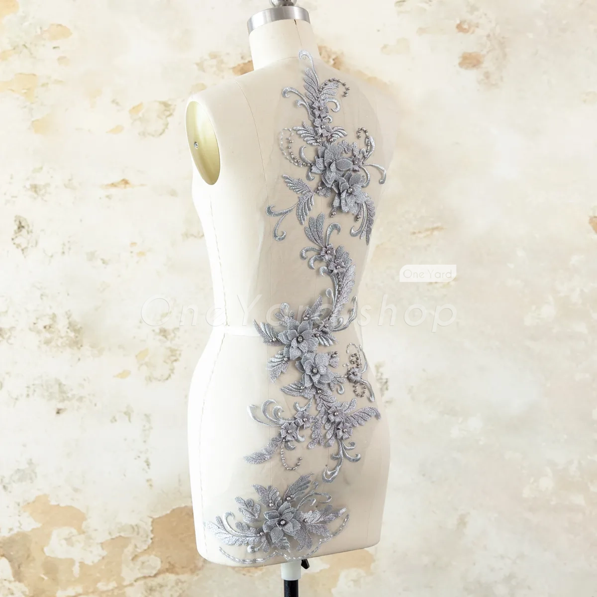 pearled floral gray lace applique set
