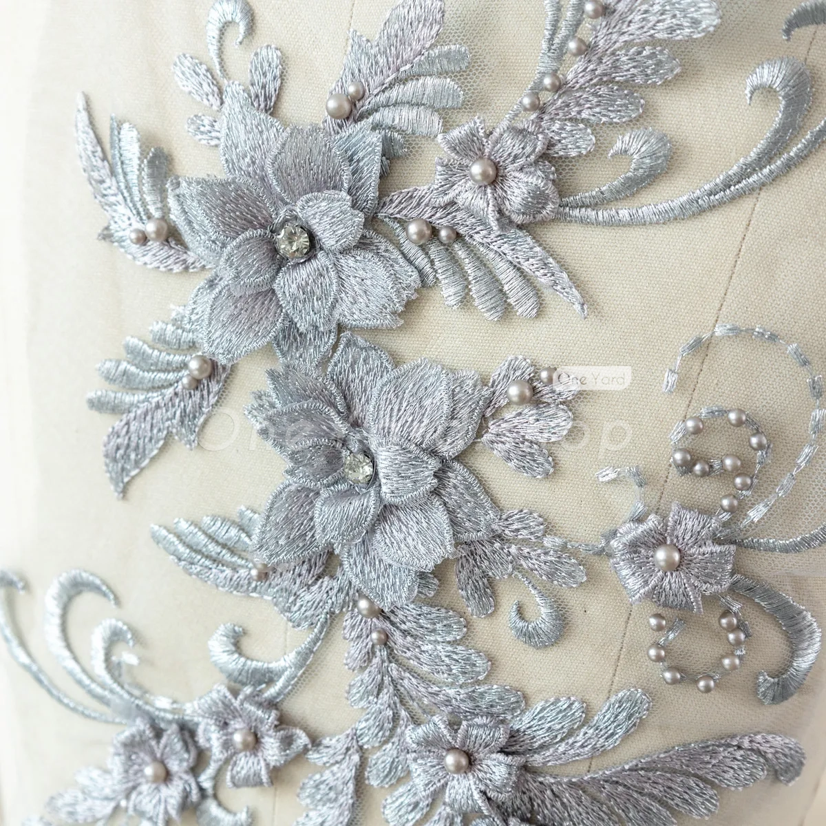 pearled gray lace applique