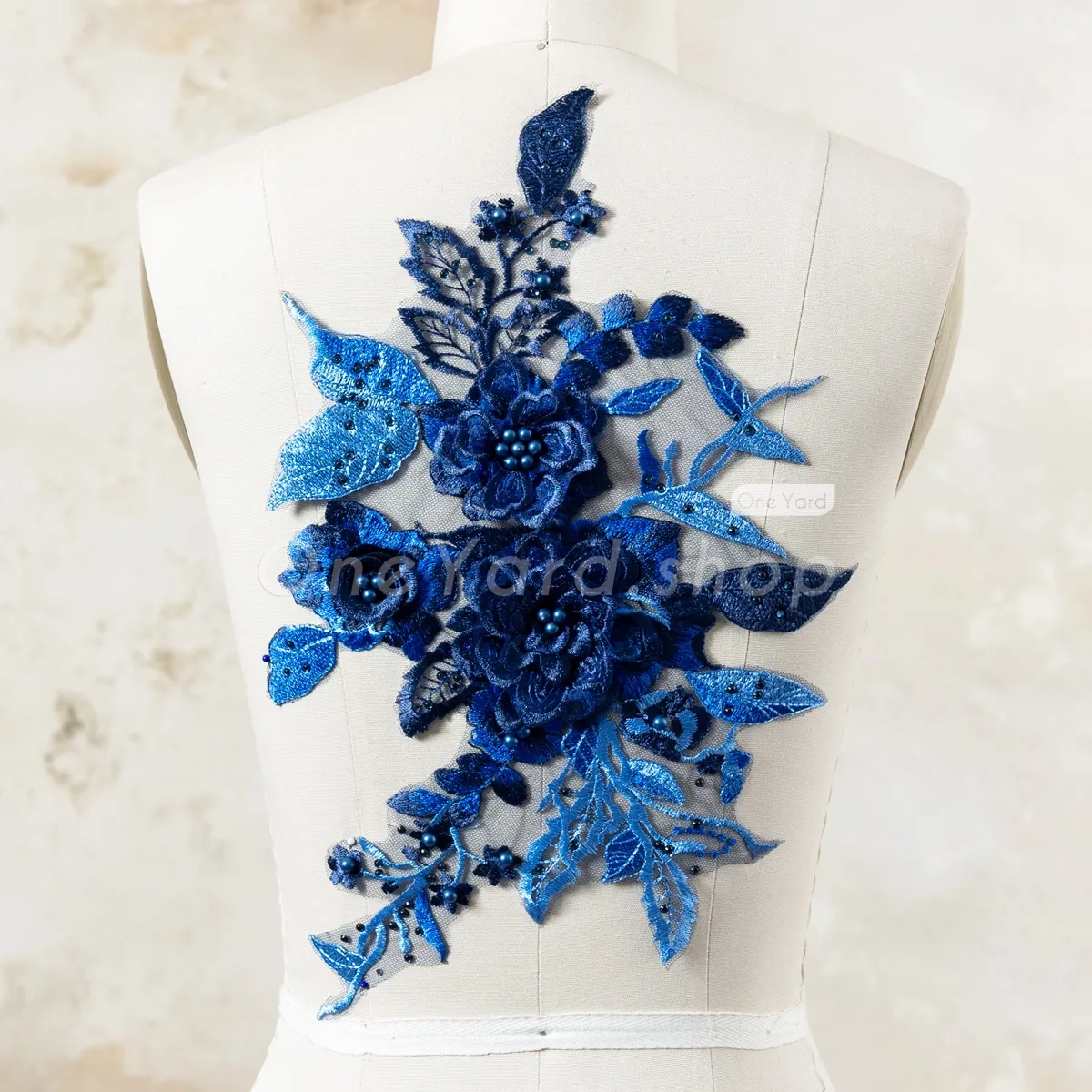 navy blue faux pearl beaded 3d flower lace applique