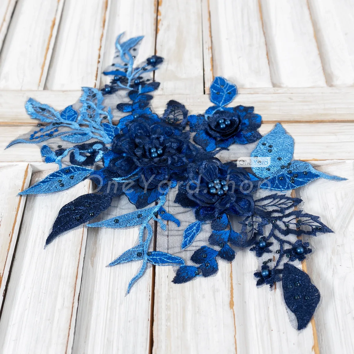 navy blue pearled 3d flower applique for dress