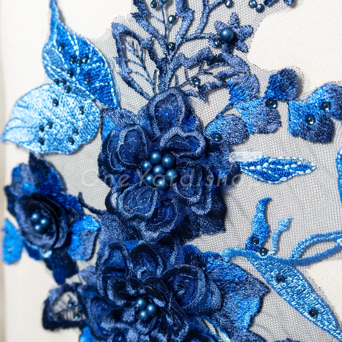 navy blue pearled 3d flower applique
