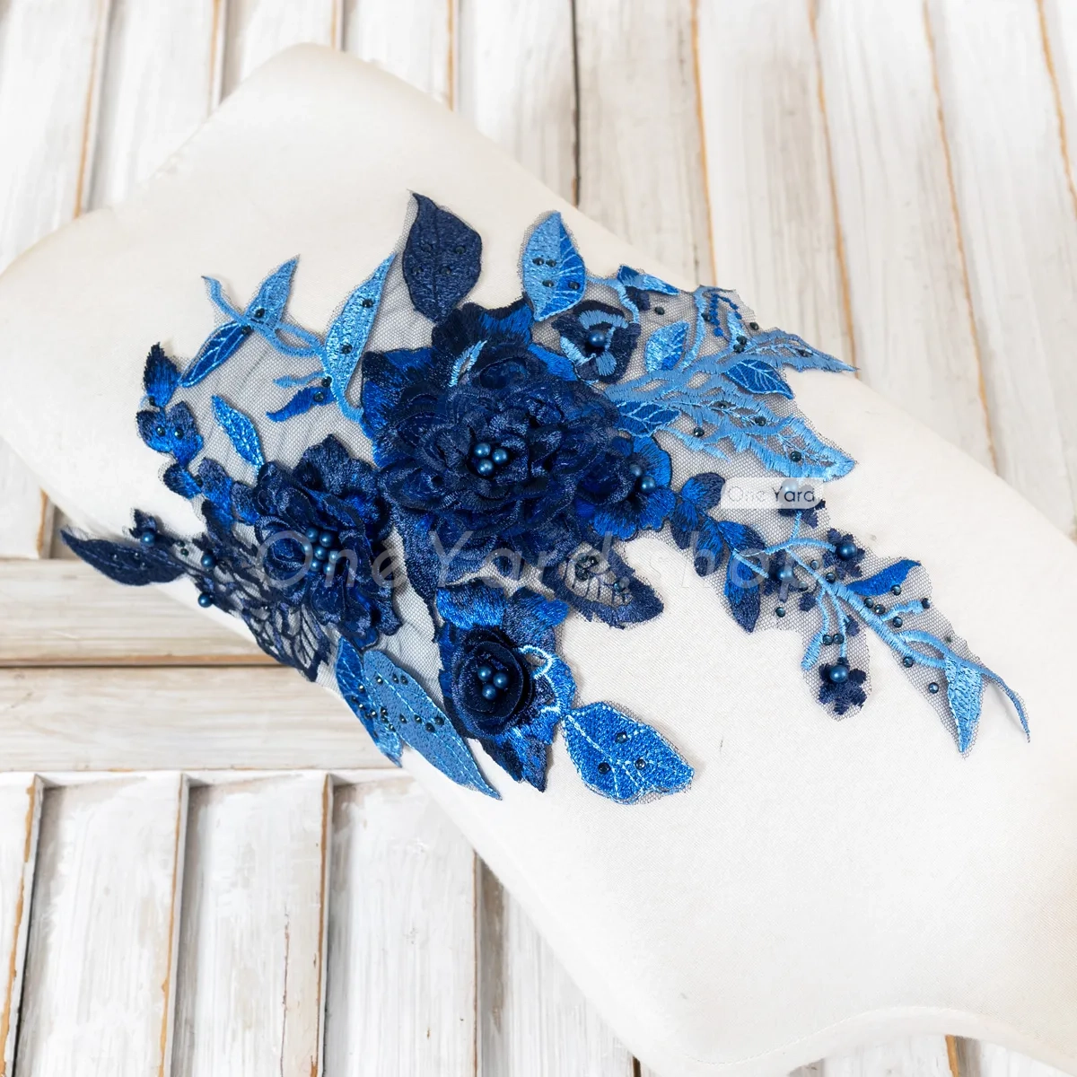 navy blue pearled 3d flower embroidery decoration