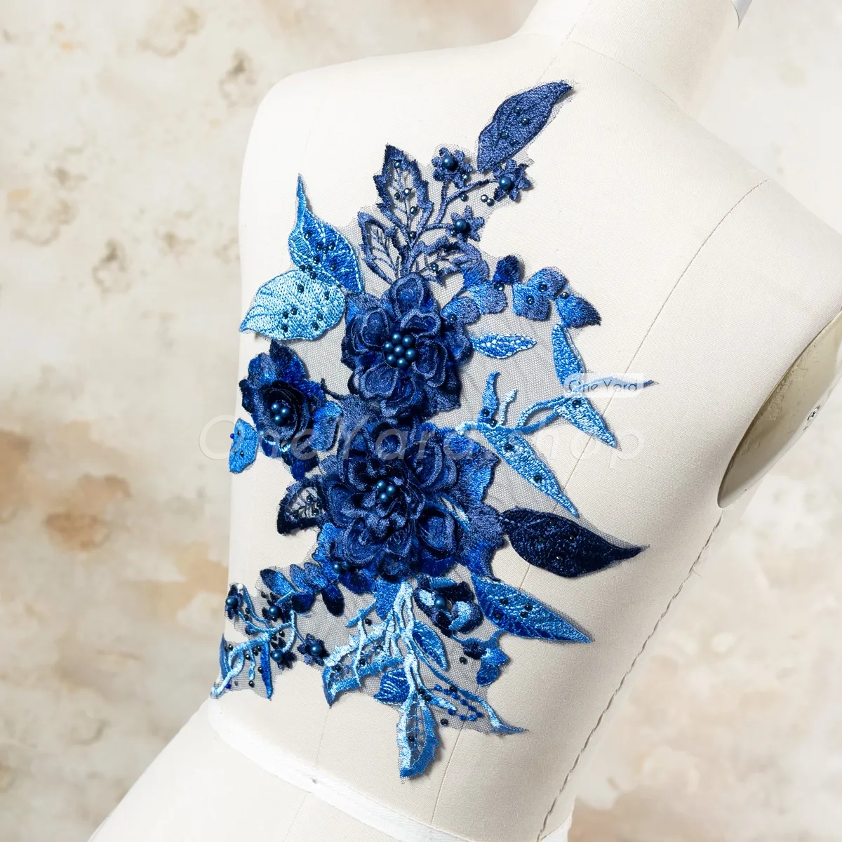 navy blue pearled 3d flower lace applique