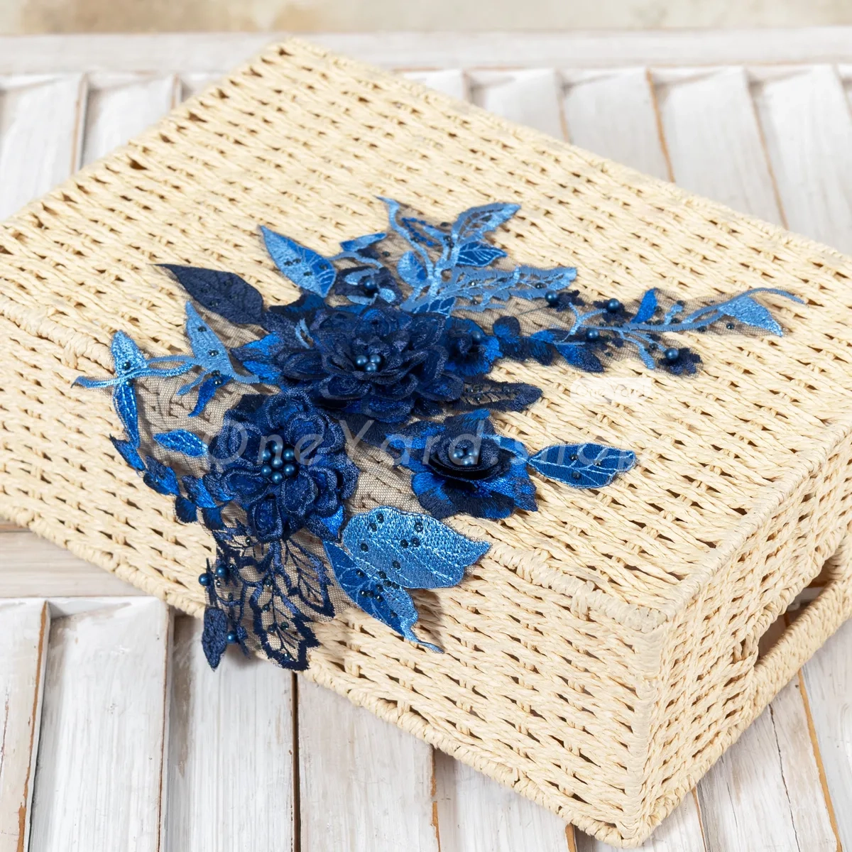 pearled navy blue 3D embroidered lace decoration