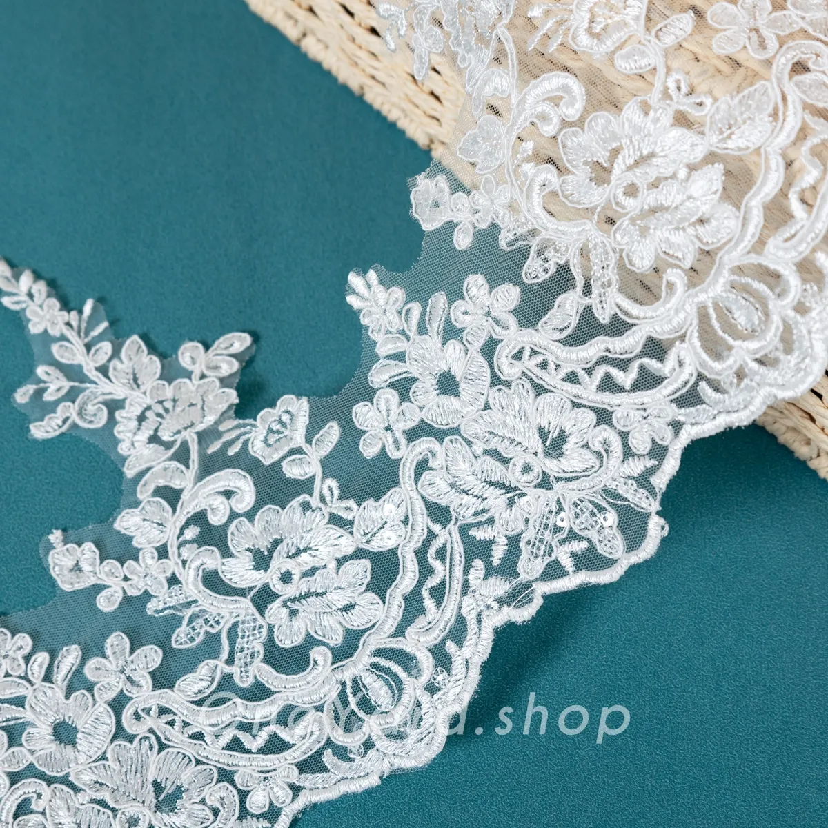 off white sequinned floral corded brial lace trim