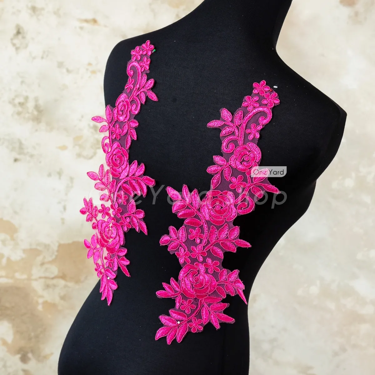 delicate fuchsia floral motif lace applique
