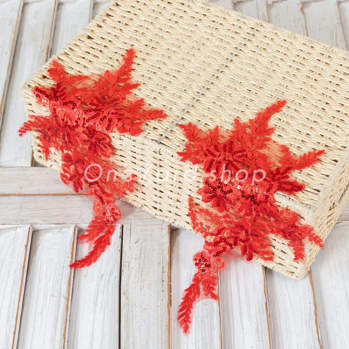 glitter red sequinned floral lace patches