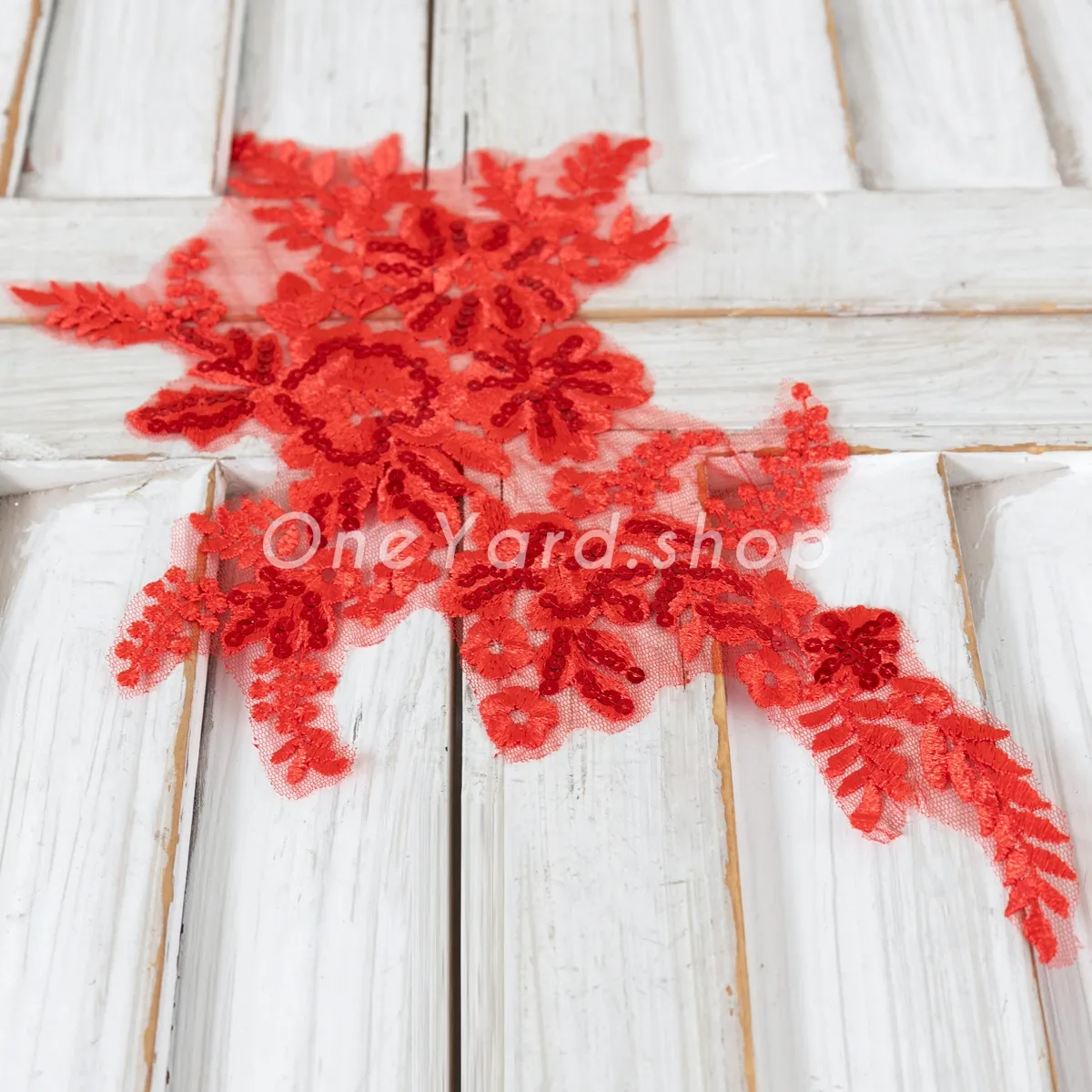 red sequinned floral lace applique for dress decor