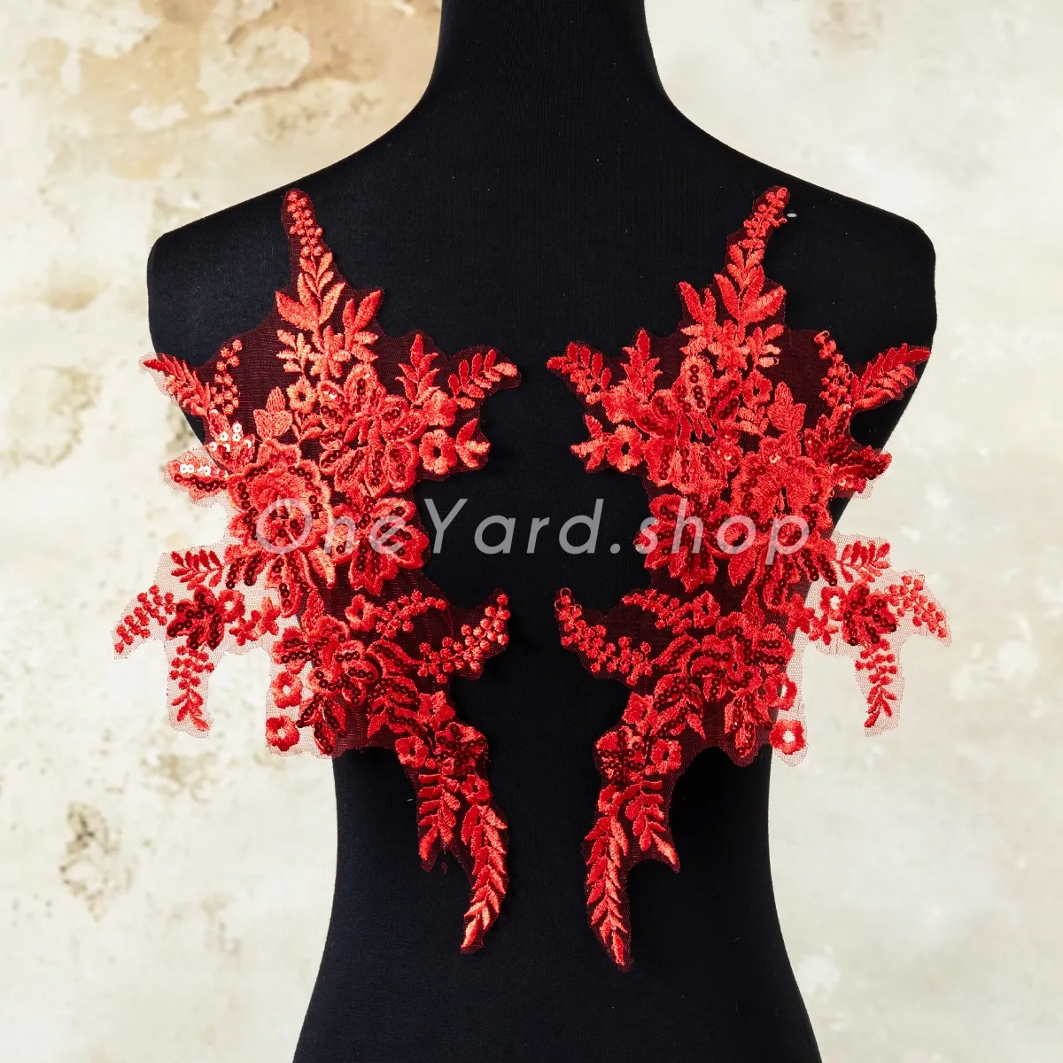 red sequinned floral lace applique pair for costumes