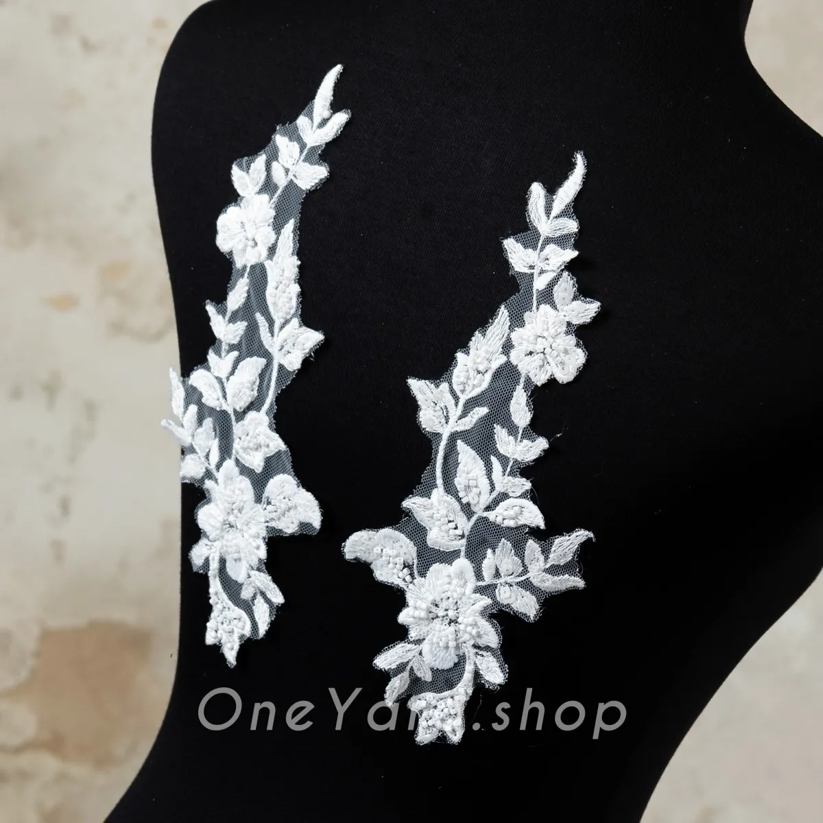white beads sequins adorned small floral lace patches