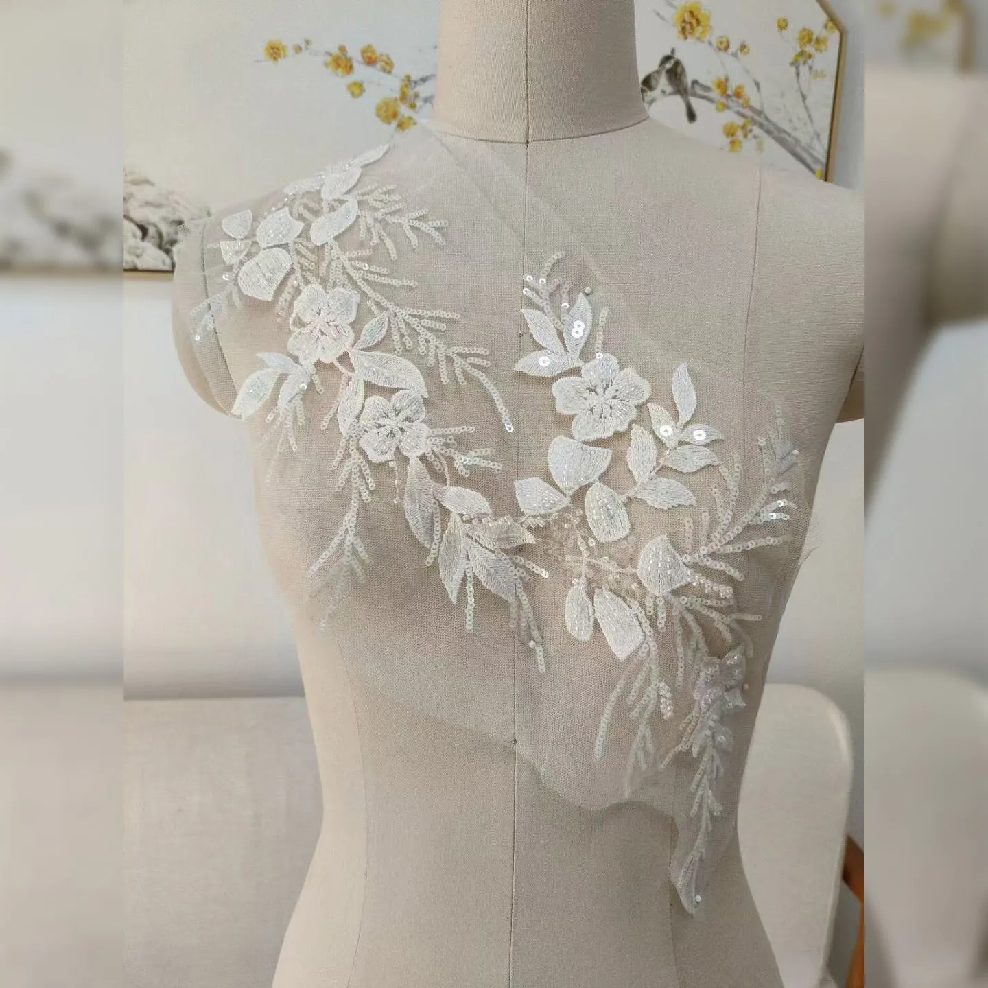 beaded and sequinned floral motif bridal lace applique