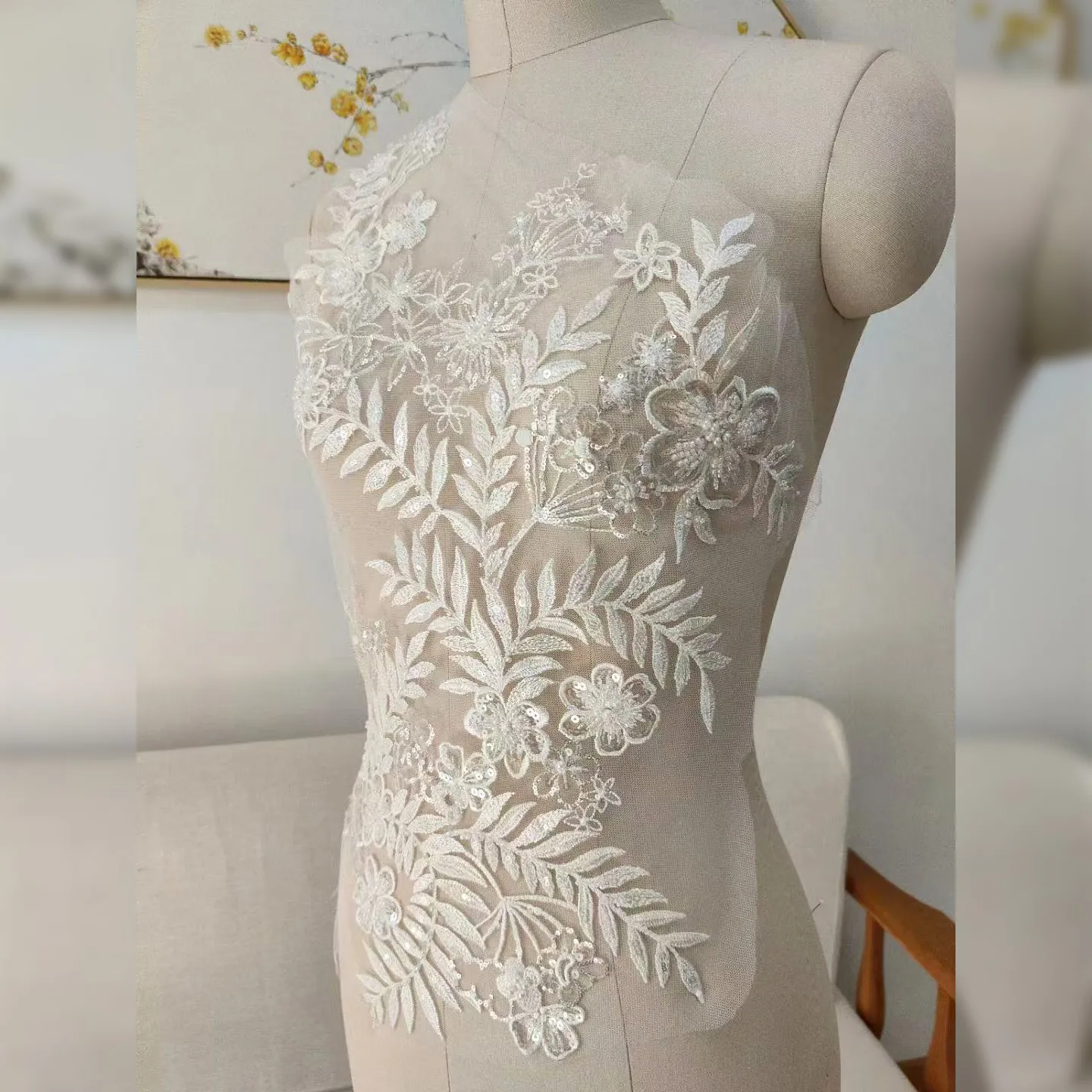 beads sequins pearls floral leaf wedding lace patch