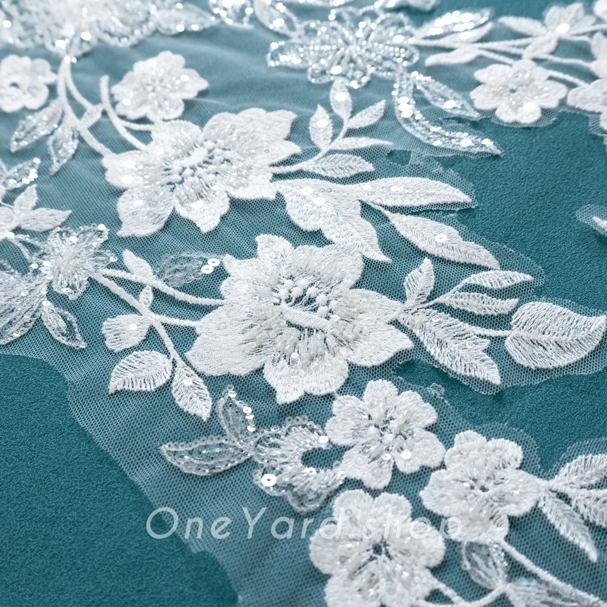 beaded flower and leaf lace applique