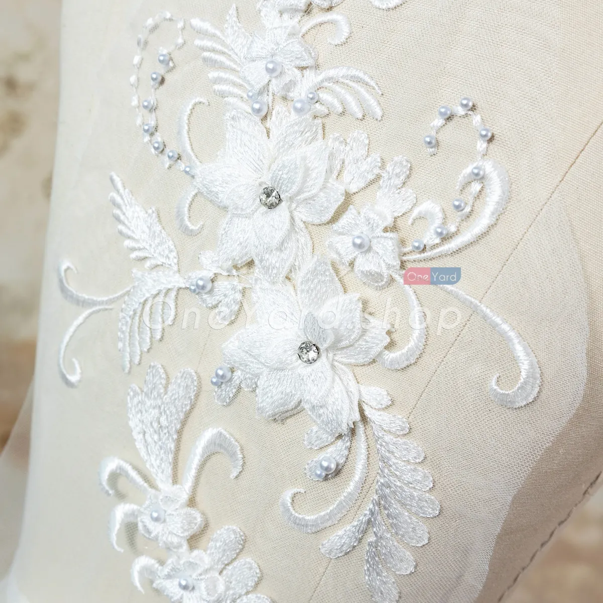 pearled off white 3d flower lace applique