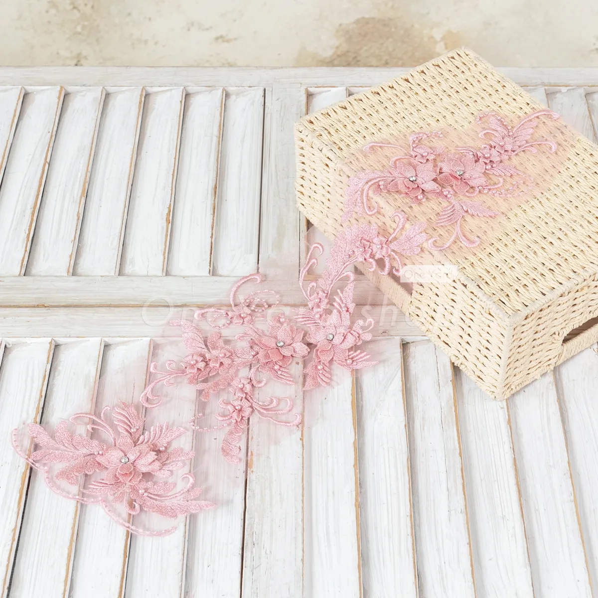 elegant pink 3d floral lace applique