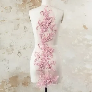 pearled pink 3d flower embroidery lace applique set
