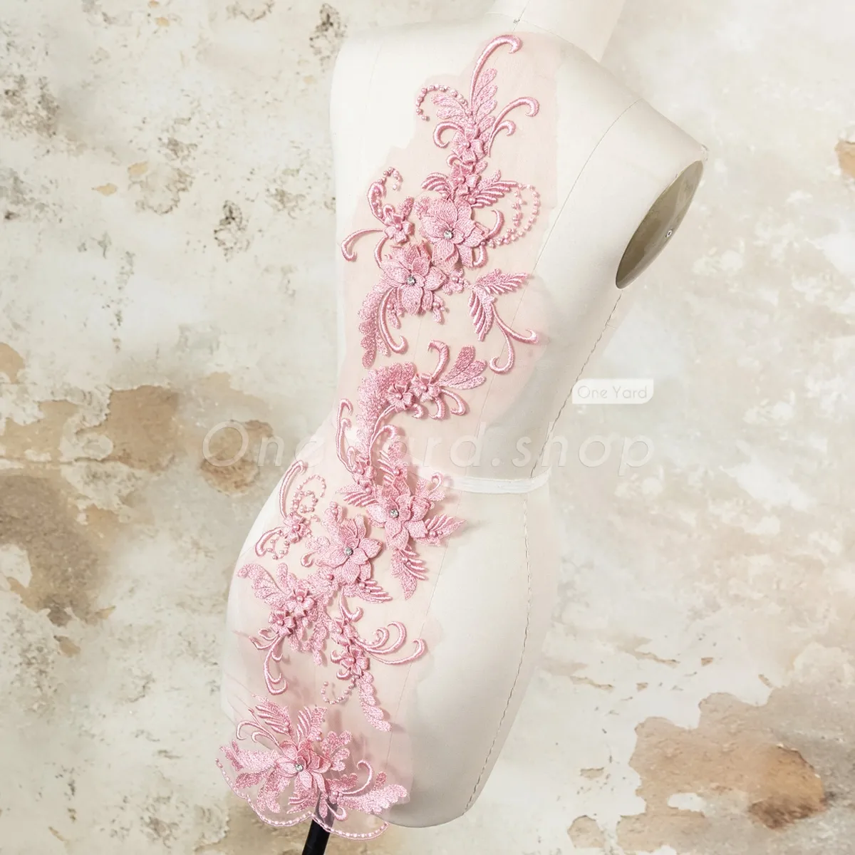 pearled pink 3d flower lac patches
