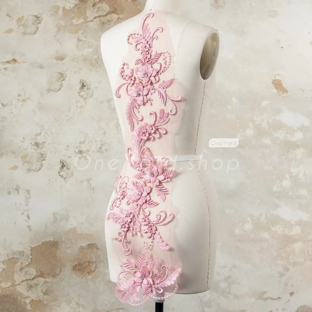 pearled pink 3d flower lace applique