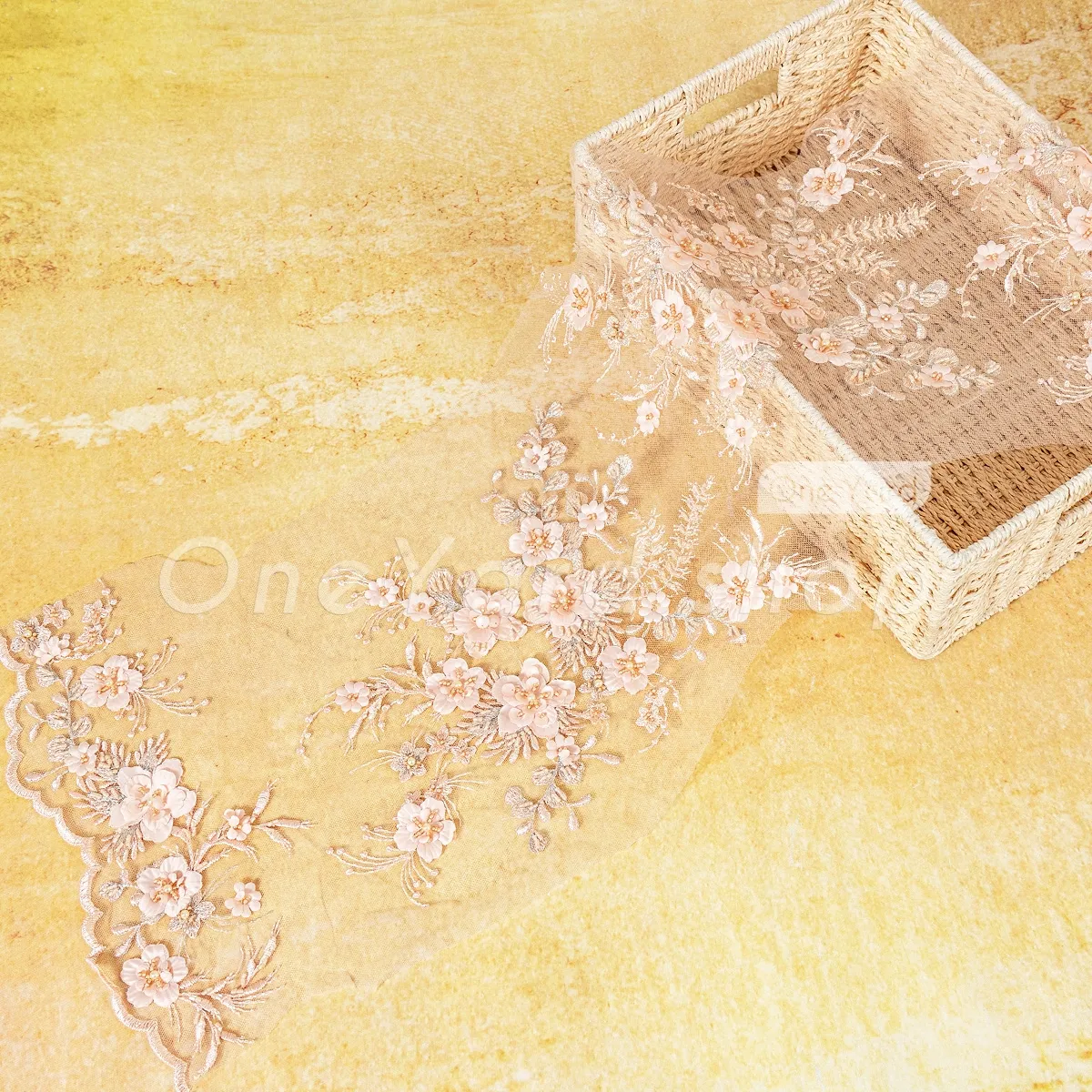 3D peach pearl bead flower lace 3D peach pearl bead flower lace