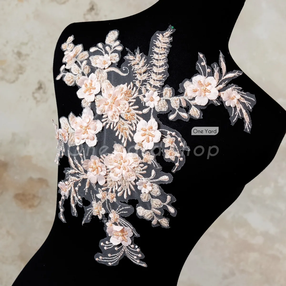delicate peach beaded 3d flower lace applique