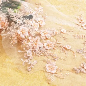 luxurious peach 3D beaded flower lace