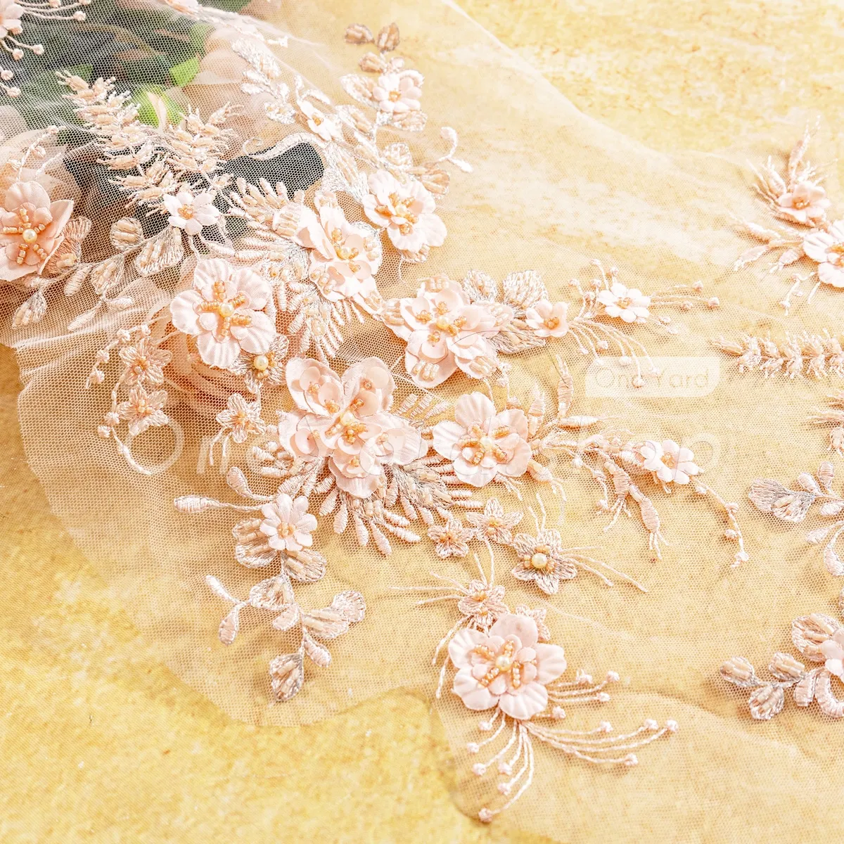 luxurious peach 3D beaded flower lace luxurious peach 3D beaded flower lace