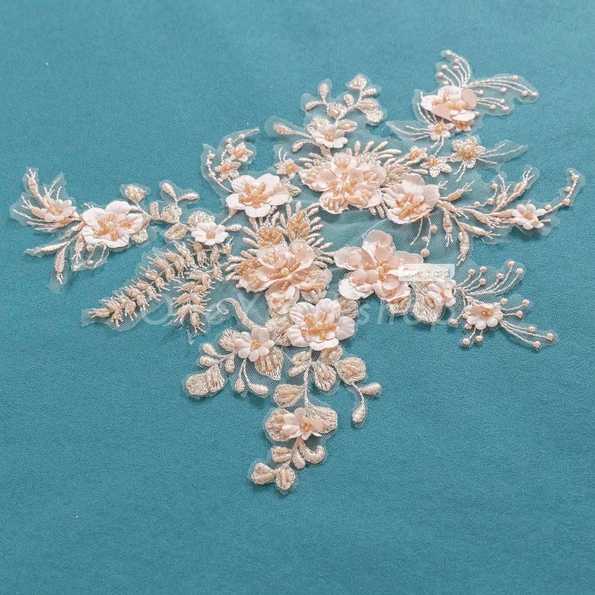 peach pink beaded 3d flower lace applique for prom dress